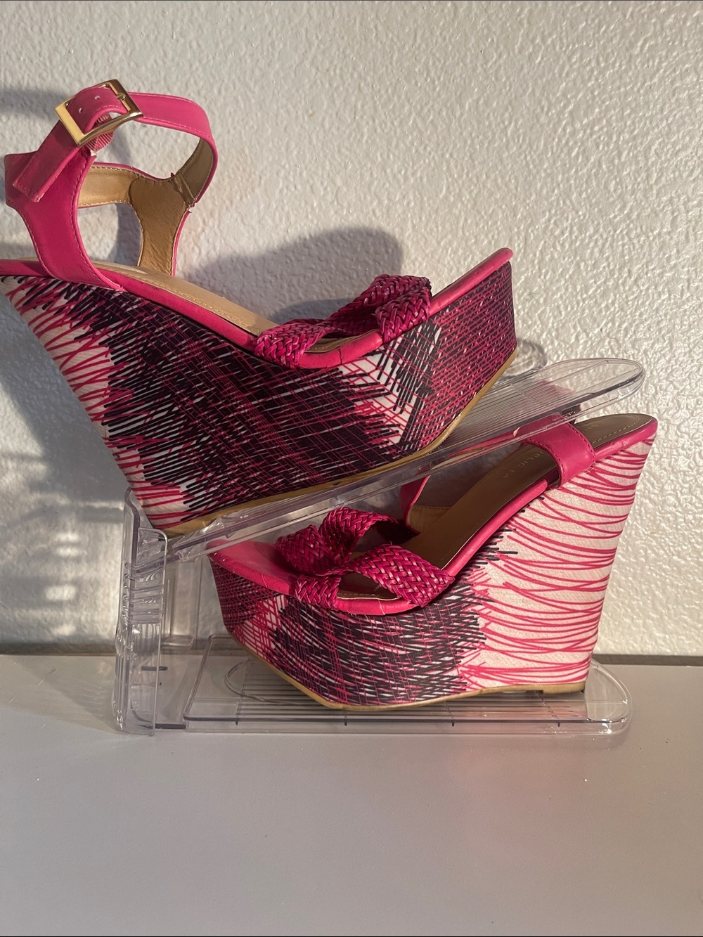 Shoe Republic LA Vibrant Hot Pink Braided Wedge Sandals